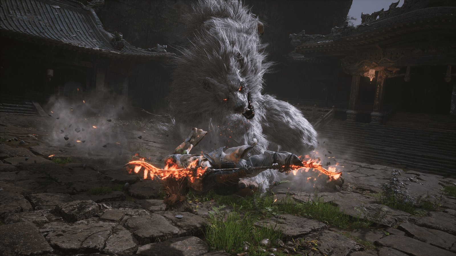 A large, menacing wolf-like creature pins down a warrior with a glowing, red-hot weapon while surrounded by ancient temple ruins.